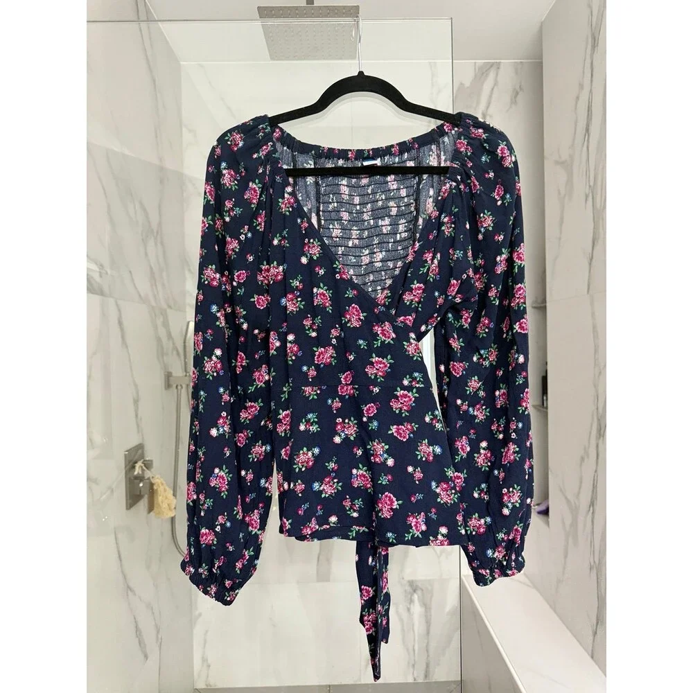 Puff-Sleeve Smocked Wrap Floral Blouse Small